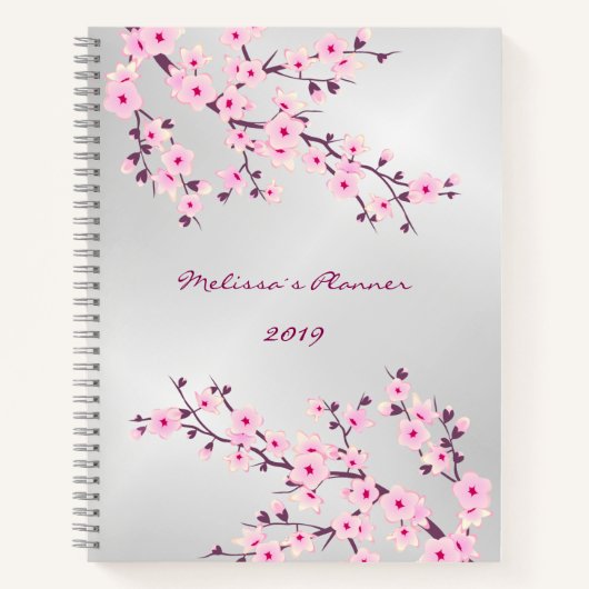Cherry Blossom Pink Silver Voeg naam en jaar toe Notitieboek (Voorkant)