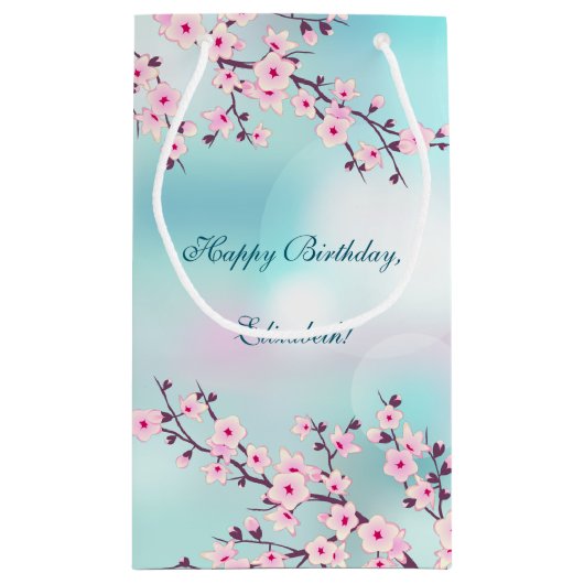 Cherry Blossom Pink Turquoise Aangepaste verjaarda Klein Cadeauzakje (Achterkant)