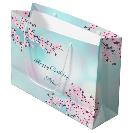 Cherry Blossom Pink Turquoise Birthday Groot Cadeauzakje (Voorkant Gekanteld)