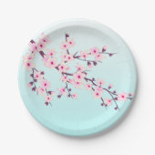 Cherry Blossom Pink Turquoise Cute Floral Papieren Bordje (Voorkant)