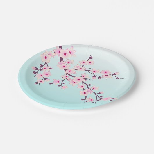 Cherry Blossom Pink Turquoise Cute Floral Papieren Bordje (Gekanteld)