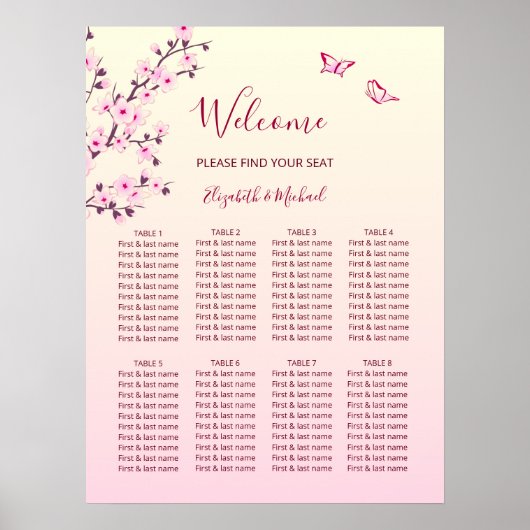 Cherry Blossom Pink Wedding Seding Chart Poster (Voorkant)