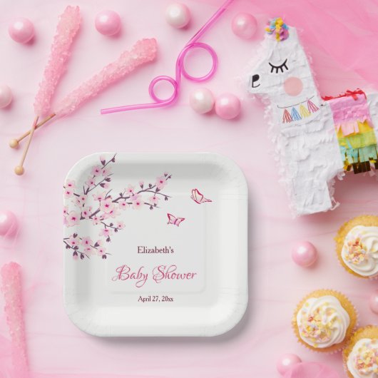 Cherry Blossom Pink White Baby shower Papieren Bordje (Feest)