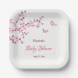 Cherry Blossom Pink White Baby shower Papieren Bordje