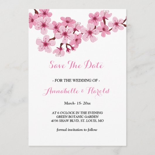 Cherry Blossom Pink White floral save the date (Voorkant)