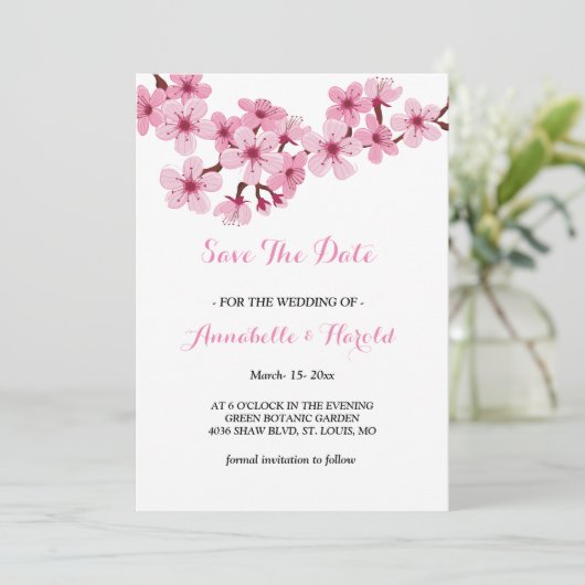 Cherry Blossom Pink White floral save the date (Staand voorkant)
