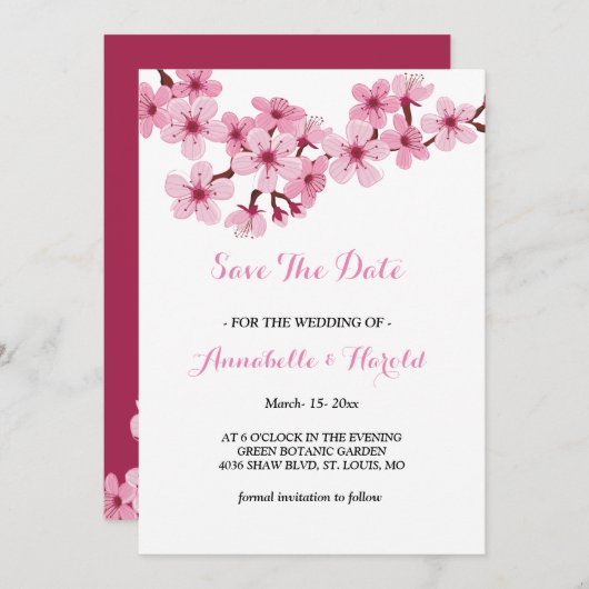 Cherry Blossom Pink White floral save the date (Voorkant / Achterkant)