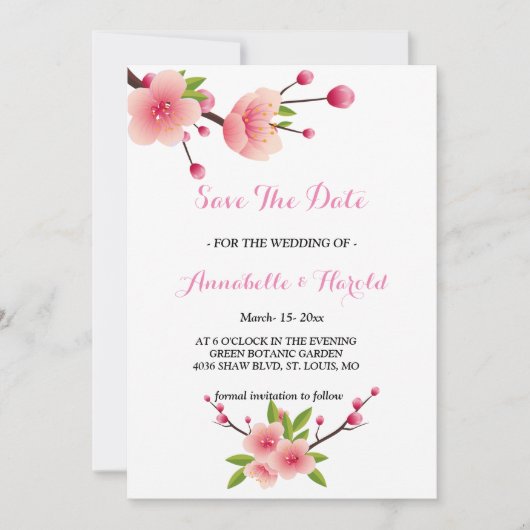 Cherry Blossom Pink White floral save the date (Voorkant)