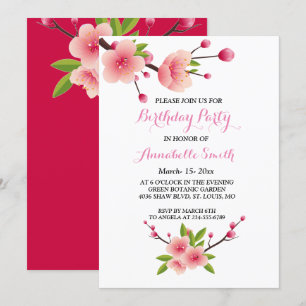 Cherry Blossom Pink White green floral Birthday Kaart