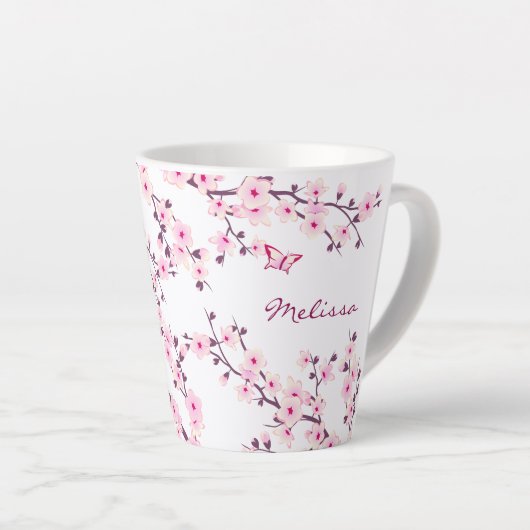 Cherry Blossom Pink White Monogram Latte Mok (Rechterhoek)