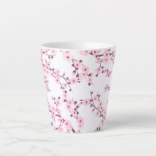 Cherry Blossom Pink White Monogram Latte Mok (Voorkant)
