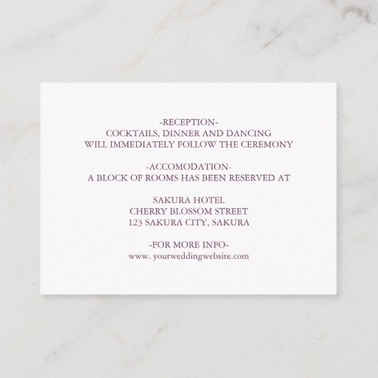 Cherry Blossom Pink White Wedding Details Informatiekaartje (Achterkant)