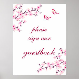 Cherry Blossom Pink White Wedding Guest Book Poster