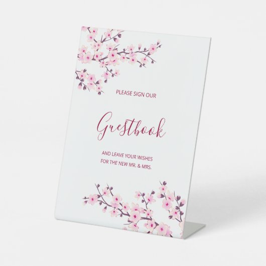 Cherry Blossom Pink White Wedding Guestbook  Reclamebord Met Voetstuk (Voorkant)