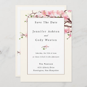 Cherry Blossom Pink White Wedding Invitation Beige Save The Date
