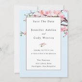 Cherry Blossom Pink White Wedding Invitation Blue Save The Date (Voorkant)