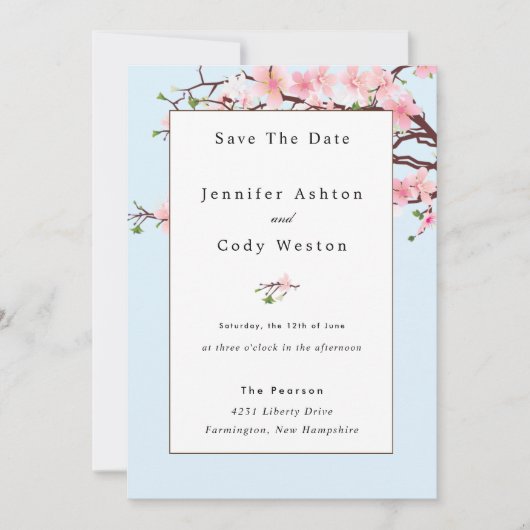 Cherry Blossom Pink White Wedding Invitation Blue Save The Date (Voorkant)