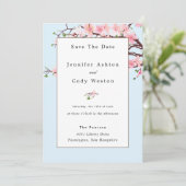 Cherry Blossom Pink White Wedding Invitation Blue Save The Date (Staand voorkant)