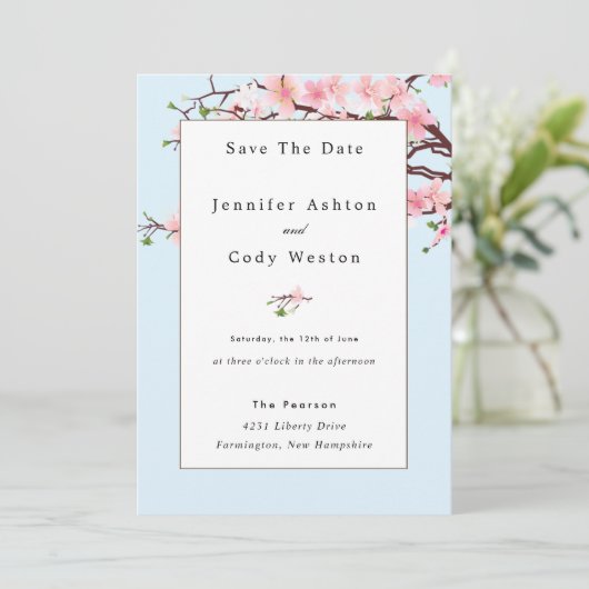 Cherry Blossom Pink White Wedding Invitation Blue Save The Date (Staand voorkant)