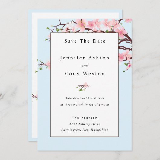 Cherry Blossom Pink White Wedding Invitation Blue Save The Date (Voorkant / Achterkant)