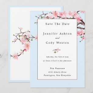 Cherry Blossom Pink White Wedding Invitation Blue Save The Date