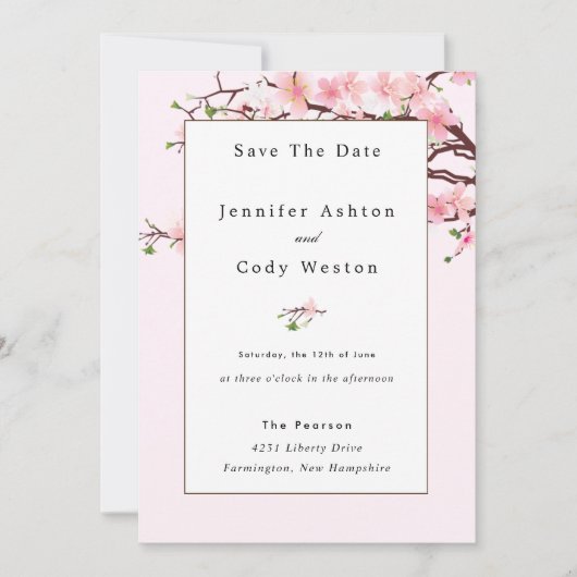 Cherry Blossom Pink White Wedding Invitation Save The Date (Voorkant)