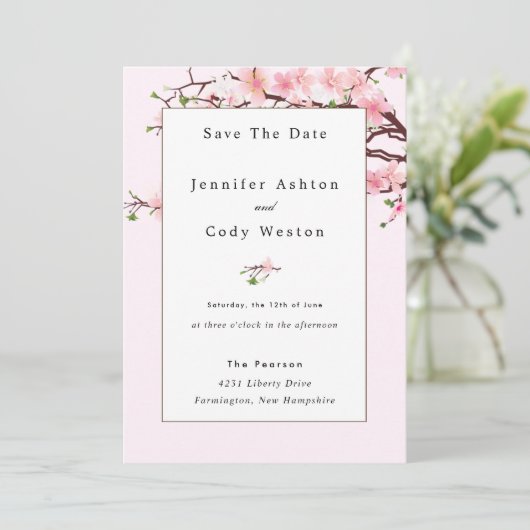 Cherry Blossom Pink White Wedding Invitation Save The Date (Staand voorkant)