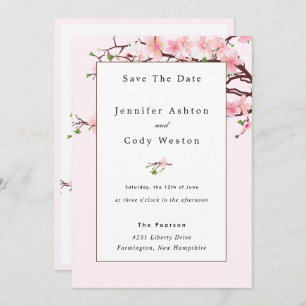 Cherry Blossom Pink White Wedding Invitation Save The Date