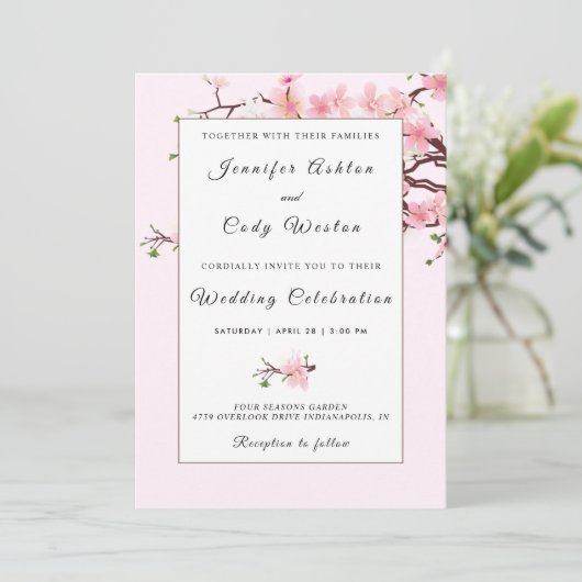 Cherry Blossom Pink White Wedding Kaart (Staand voorkant)