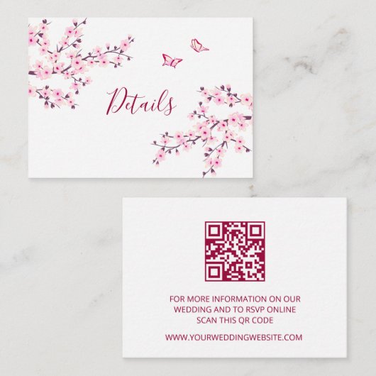 Cherry Blossom Pink White Wedding QR Code Details Informatiekaartje (Voorkant / Achterkant)
