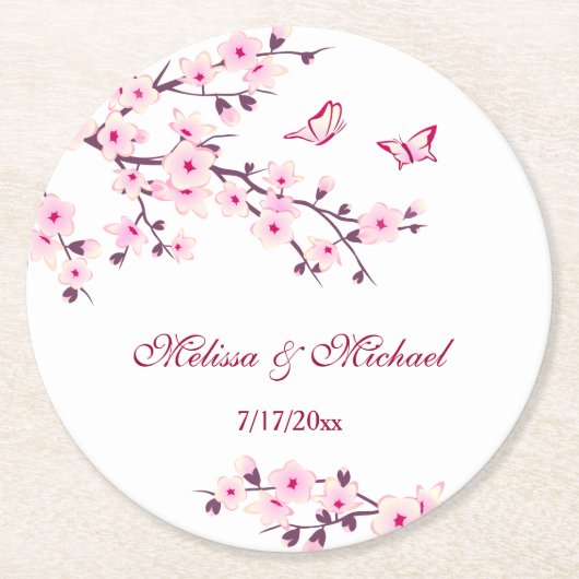 Cherry Blossom Pink White Wedding Ronde Kartonnen Onderzetter (Voorkant)