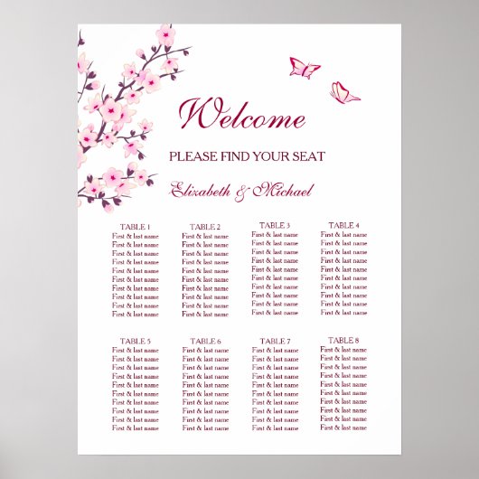 Cherry Blossom Pink White Wedding Seding Chart Poster (Voorkant)