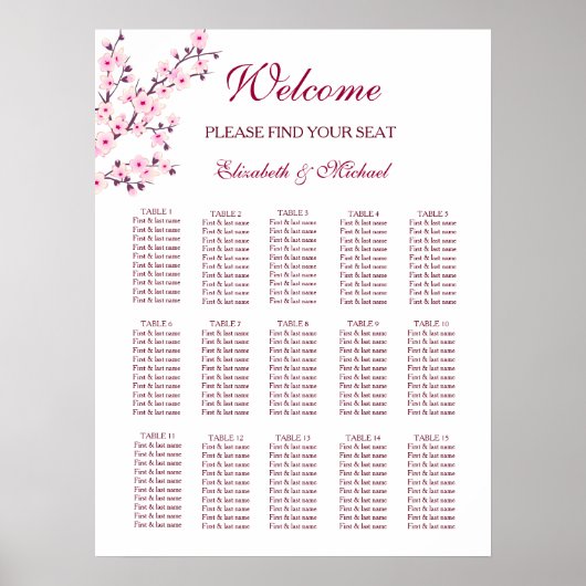 Cherry Blossom Pink White Wedding Seding Chart Poster (Voorkant)