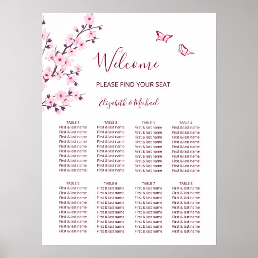 Cherry Blossom Pink White Wedding Seding Chart Poster (Voorkant)