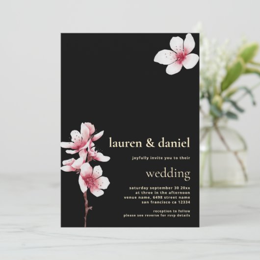 Cherry Blossom QR Champagne Goud Zwart Kaart (Staand voorkant)