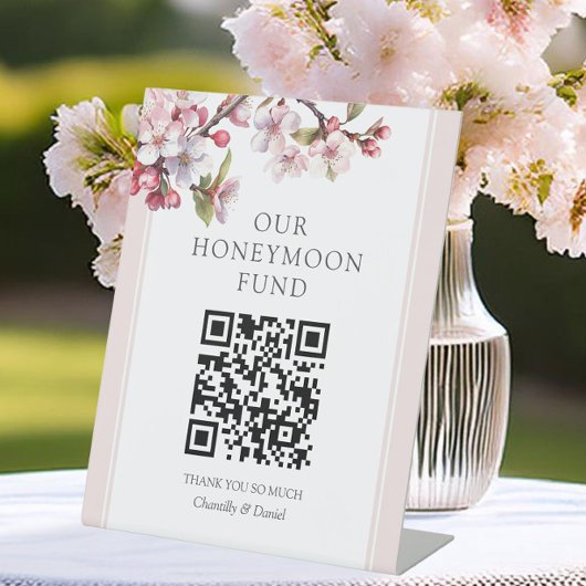 Cherry Blossom QR Code Honeymoon Fund Reclamebord Met Voetstuk