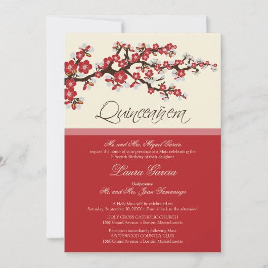 Cherry Blossom Quinceanera Invitation (rood) Kaart (Voorkant)