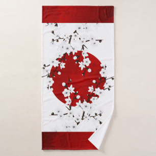 Cherry Blossom Red Black White Floral Badhanddoek