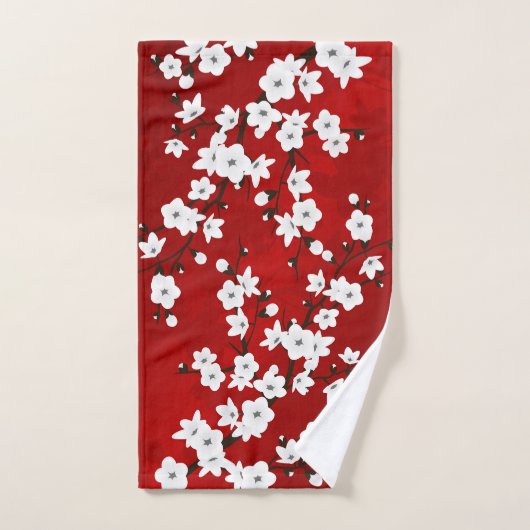Cherry Blossom Red en White Floral Oriental Handdoek (Handdoek)