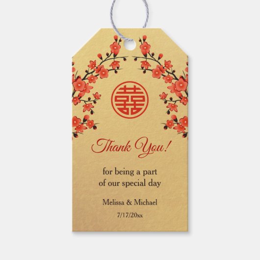 Cherry Blossom Red Gold Chinese bruiloft Cadeaulabel (Voorkant)