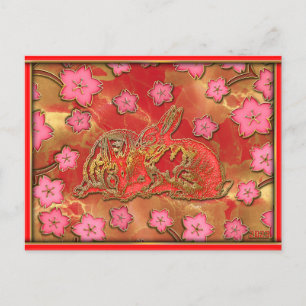 Cherry Blossom Red Gold Rabbit Chinees nieuwjaar Feestdagenkaart