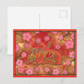 Cherry Blossom Red Gold Rabbit Chinees nieuwjaar Feestdagenkaart (Voorkant / Achterkant)