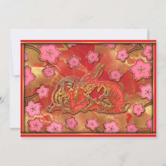 Cherry Blossom Red Gold Rabbit Chinees nieuwjaar Feestdagenkaart (Voorkant)