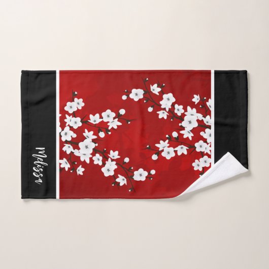 Cherry Blossom Red White Monogram Bad Handdoek (Handdoek)