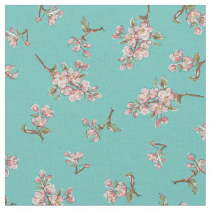 Cherry Blossom Retro Floral Blauwgroen Stof
