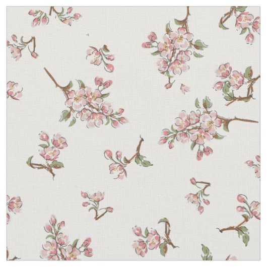 Cherry Blossom Retro Floral White Stof (Close Up)