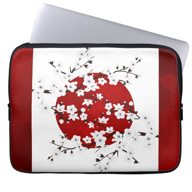 Cherry Blossom Rising Sun Red Black White Laptop Sleeve (Voorkant)