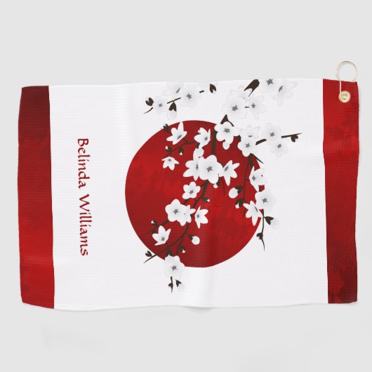 Cherry Blossom Rising Sun Red Black White Monogram Golfhanddoek (Horizontaal)
