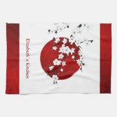 Cherry Blossom Rising Sun Red Black White Monogram Theedoek (Horizontaal)