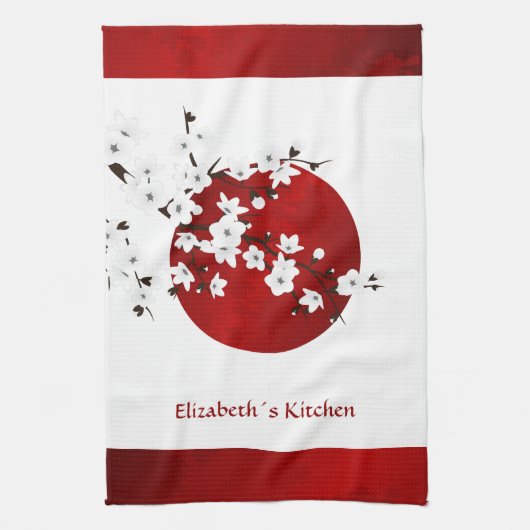 Cherry Blossom Rising Sun Red Black White Monogram Theedoek (Verticaal)